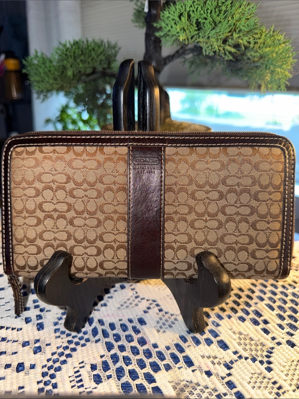 Coach Tan and Brown Signature Zip Wallet